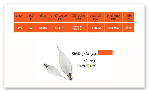 لامپ ال اي دي لوستری 7 وات اشکي آرش لامپیران - آفتابی